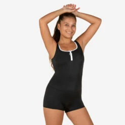 Maillot De Bain De Natation Femme 1 Pièce Heva Shorty Zip Noir